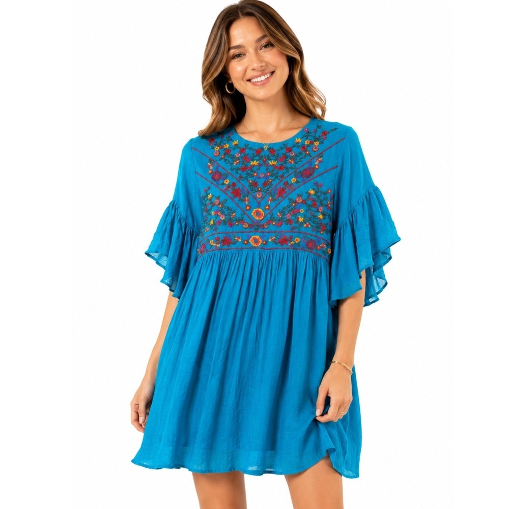 Entro Embroidered Floral Boho Babydoll Dress Turquoise Blue Flutter Sleeve Large